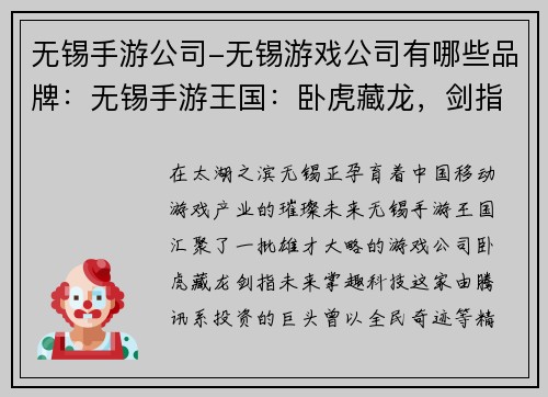 无锡手游公司-无锡游戏公司有哪些品牌：无锡手游王国：卧虎藏龙，剑指未来