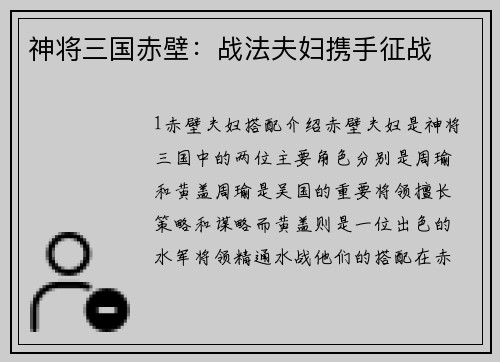 神将三国赤壁：战法夫妇携手征战