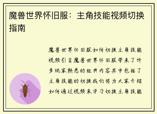 魔兽世界怀旧服：主角技能视频切换指南